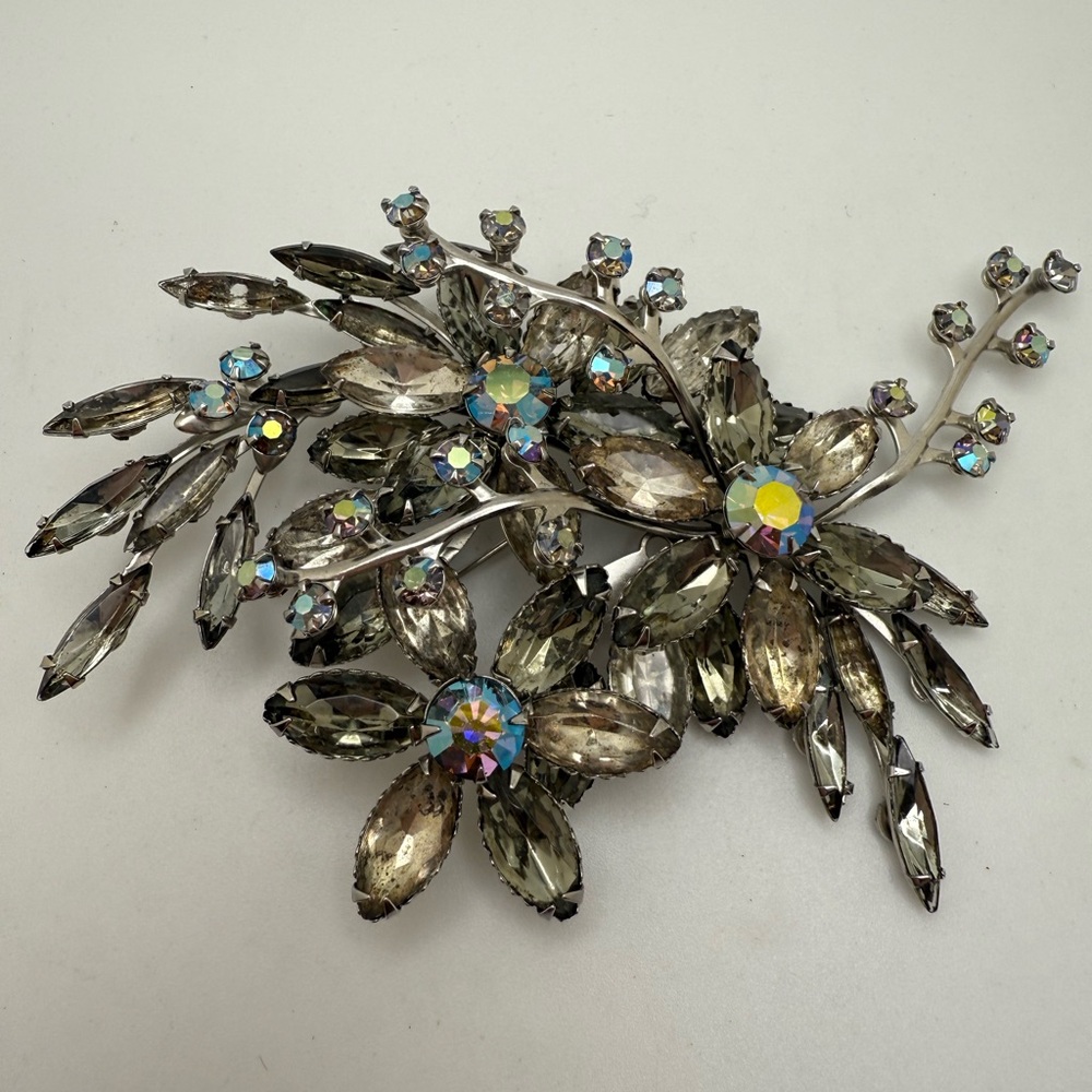 Vintage  Large Smokey Quartz Aurora Borealis Spray  Brooch Pin Jewelry 4”